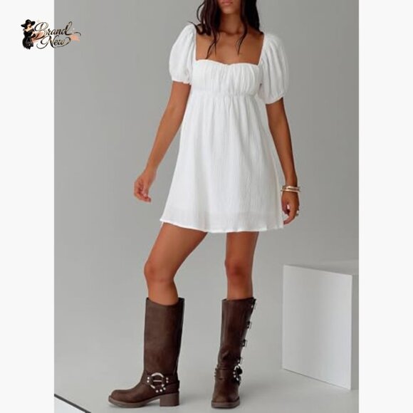 White Mini Dress with Puff Sleeves, Square Neck, Cotton Summer Party - Picture 6 of 7